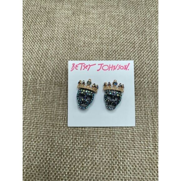 NEW Betsey Johnson Gold & Gunmetal Tone Pave Crystal Skeleton King Stud Earrings - Picture 4 of 5